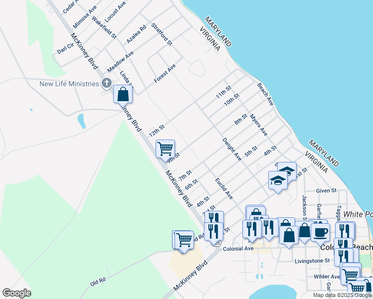 map of restaurants, bars, coffee shops, grocery stores, and more near 52 9th Street in Colonial Beach