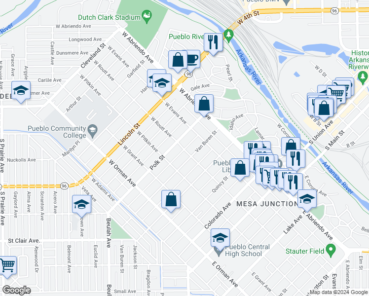 map of restaurants, bars, coffee shops, grocery stores, and more near 413 West Routt Avenue in Pueblo