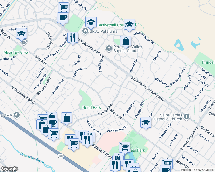 map of restaurants, bars, coffee shops, grocery stores, and more near 504 Teton Court in Petaluma