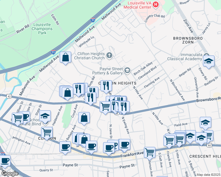 map of restaurants, bars, coffee shops, grocery stores, and more near 449 Mount Holly Avenue in Louisville