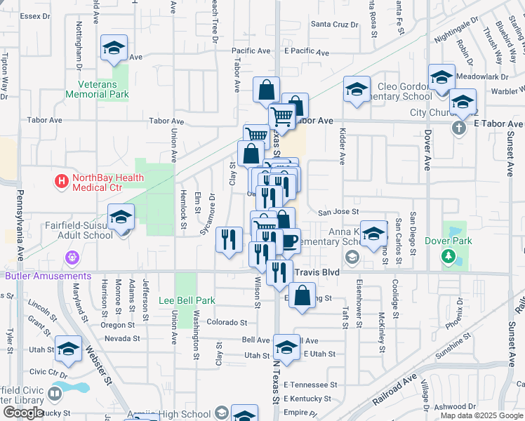 map of restaurants, bars, coffee shops, grocery stores, and more near 1707 Arthur Court in Fairfield