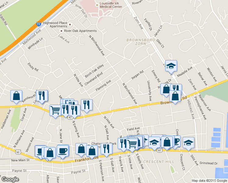 map of restaurants, bars, coffee shops, grocery stores, and more near 318 Ridgedale Road in Louisville