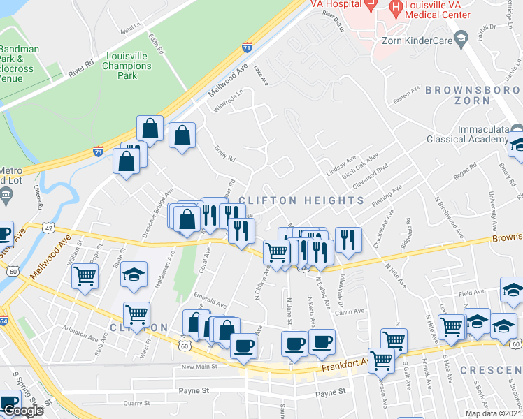 map of restaurants, bars, coffee shops, grocery stores, and more near 408 Lindsay Court in Louisville