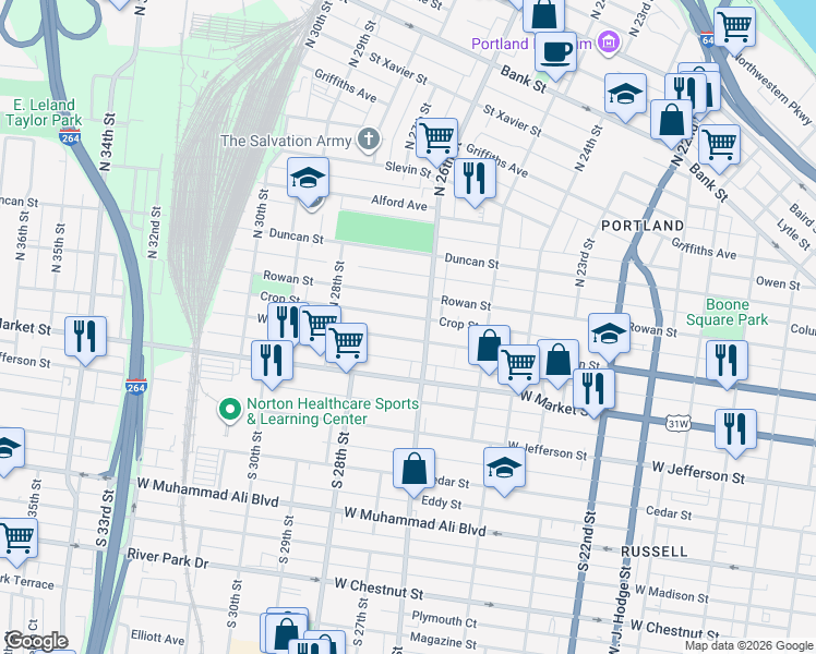 map of restaurants, bars, coffee shops, grocery stores, and more near 2606 West Main Street in Louisville