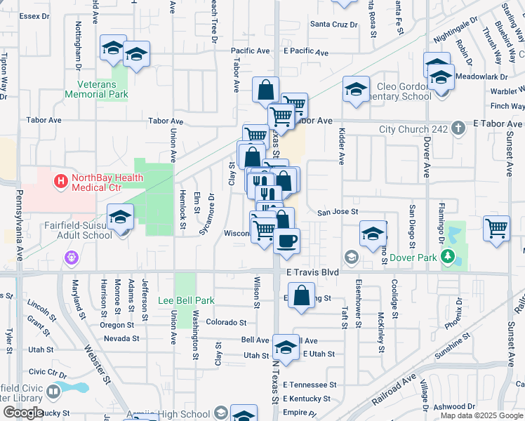 map of restaurants, bars, coffee shops, grocery stores, and more near 1707 Arthur Court in Fairfield