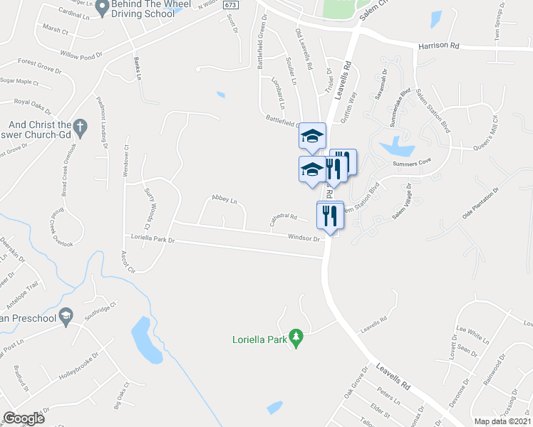 map of restaurants, bars, coffee shops, grocery stores, and more near 6023 Cathedral Road in Fredericksburg