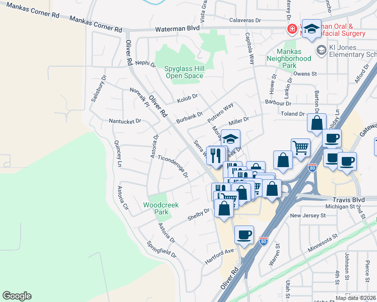 map of restaurants, bars, coffee shops, grocery stores, and more near 3214 Pelham Court in Fairfield
