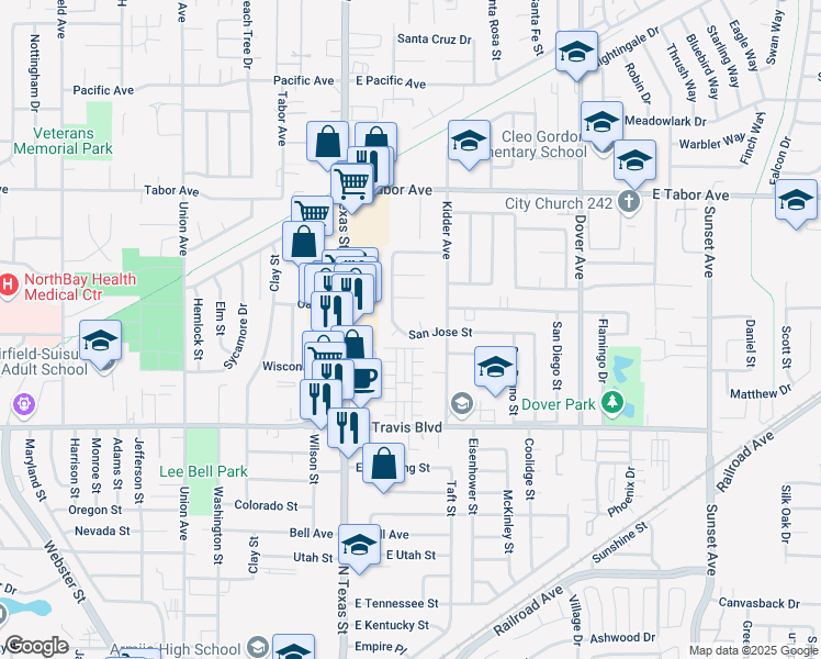 map of restaurants, bars, coffee shops, grocery stores, and more near 336 San Jose Street in Fairfield