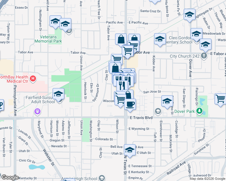 map of restaurants, bars, coffee shops, grocery stores, and more near 1799 Oak Street in Fairfield