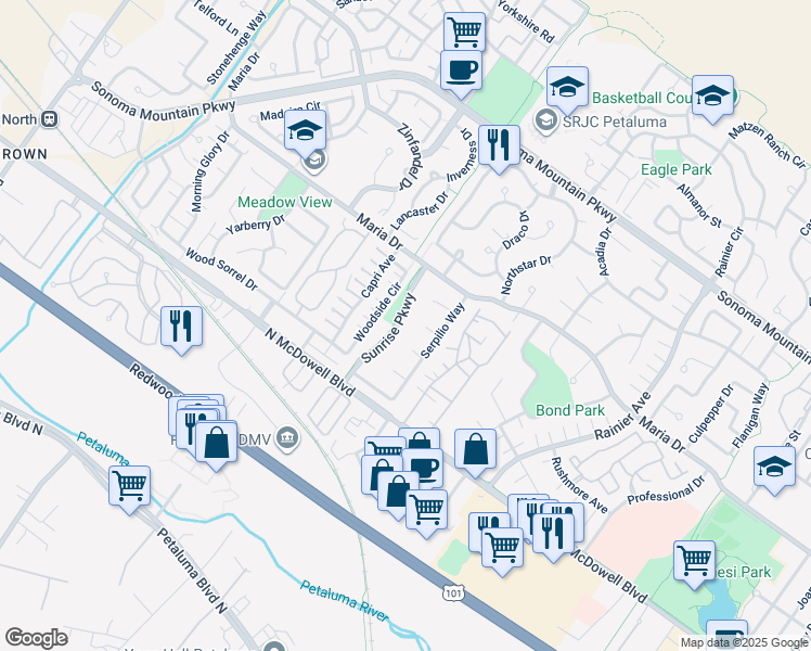 map of restaurants, bars, coffee shops, grocery stores, and more near 1460 Sunrise Parkway in Petaluma