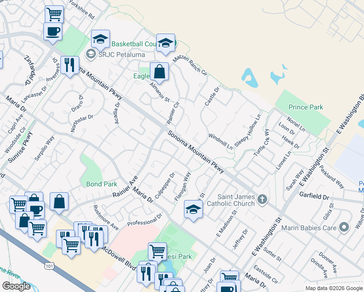 map of restaurants, bars, coffee shops, grocery stores, and more near 452 Brittania Court in Petaluma