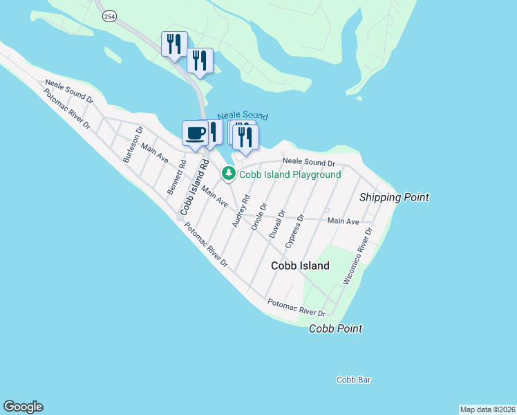 map of restaurants, bars, coffee shops, grocery stores, and more near 17585 Oriole Drive in Cobb Island