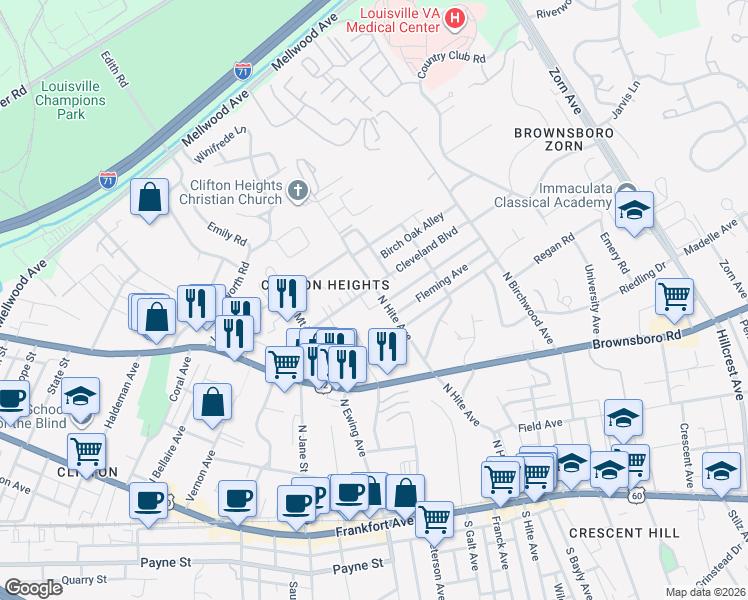 map of restaurants, bars, coffee shops, grocery stores, and more near 2644 Cleveland Boulevard in Louisville