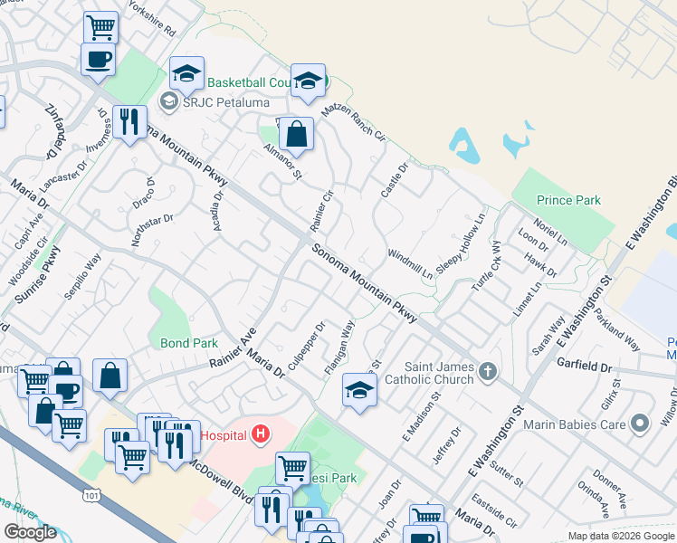 map of restaurants, bars, coffee shops, grocery stores, and more near 452 Brittania Court in Petaluma