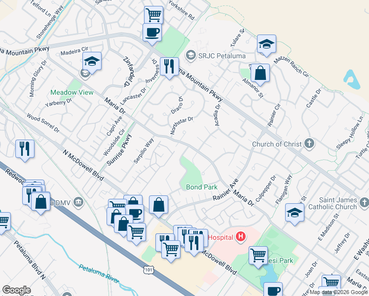 map of restaurants, bars, coffee shops, grocery stores, and more near 1601 Perseus Court in Petaluma