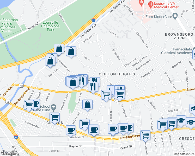 map of restaurants, bars, coffee shops, grocery stores, and more near in Louisville