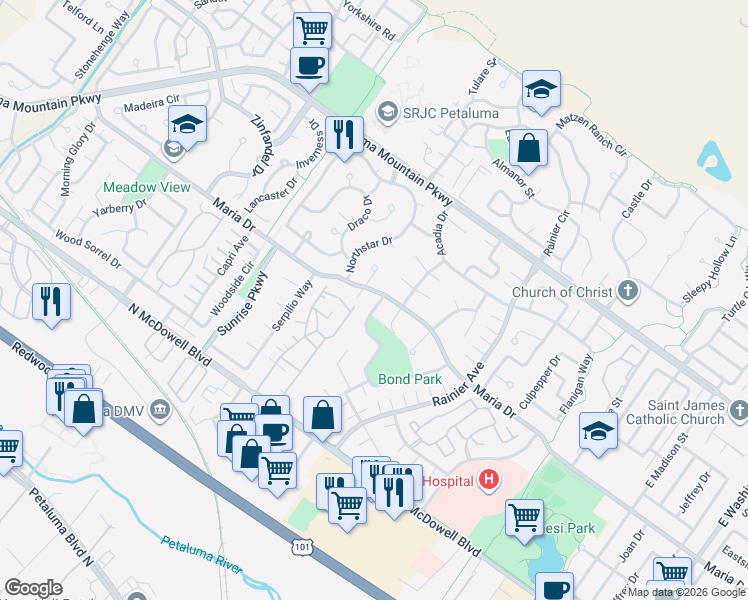 map of restaurants, bars, coffee shops, grocery stores, and more near 1601 Perseus Court in Petaluma