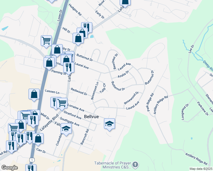 map of restaurants, bars, coffee shops, grocery stores, and more near 328 Tulip Circle in Fredericksburg