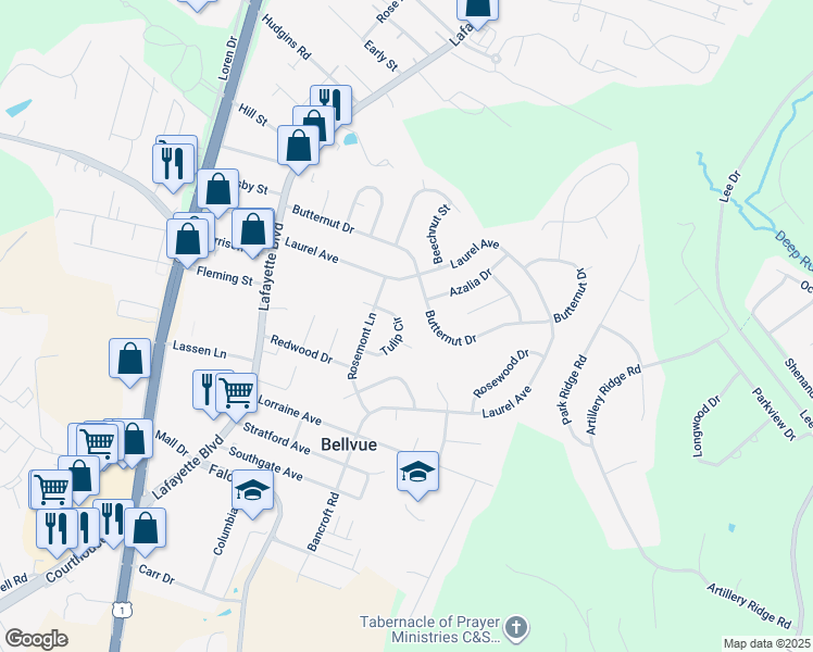 map of restaurants, bars, coffee shops, grocery stores, and more near 328 Tulip Circle in Fredericksburg