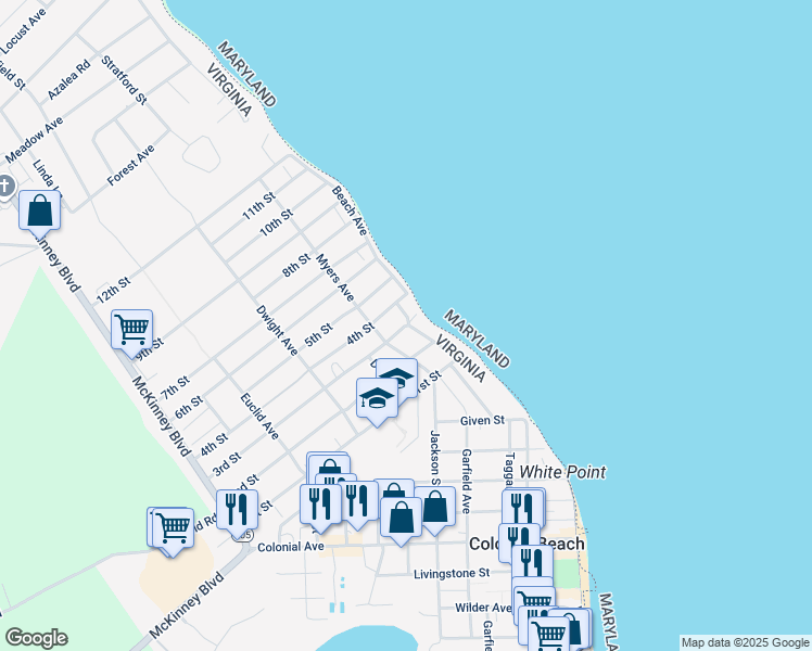 map of restaurants, bars, coffee shops, grocery stores, and more near 26 3rd Street in Colonial Beach