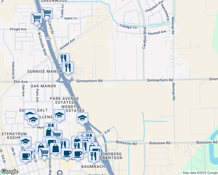map of restaurants, bars, coffee shops, grocery stores, and more near 10691 Simmerhorn Road in Galt