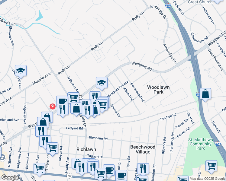 map of restaurants, bars, coffee shops, grocery stores, and more near 4249 Westport Terrace in Louisville