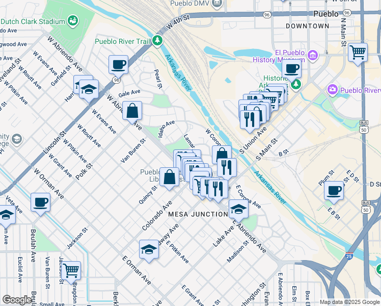 map of restaurants, bars, coffee shops, grocery stores, and more near in Pueblo