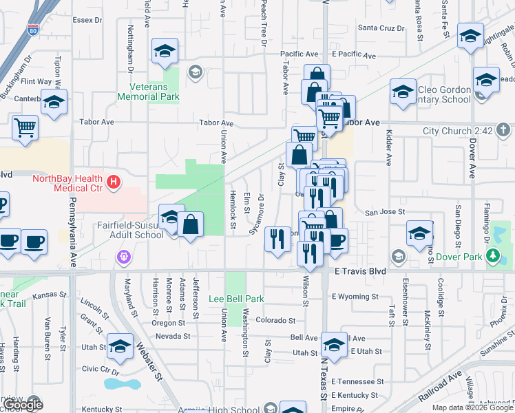 map of restaurants, bars, coffee shops, grocery stores, and more near 1755 Sycamore Drive in Fairfield