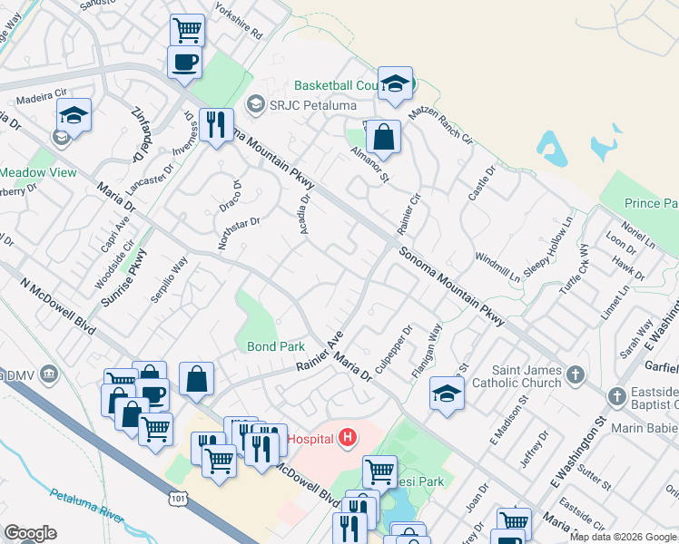 map of restaurants, bars, coffee shops, grocery stores, and more near 538 Acadia Drive in Petaluma