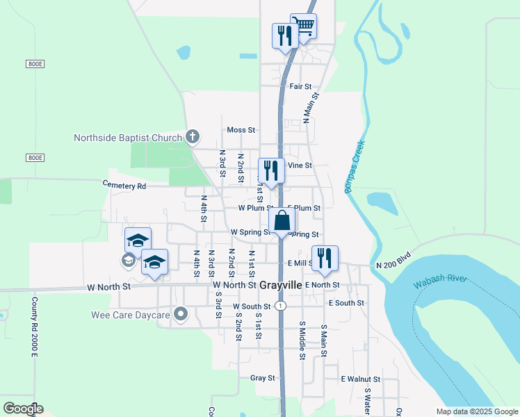 map of restaurants, bars, coffee shops, grocery stores, and more near 501 North 1st Street in Grayville