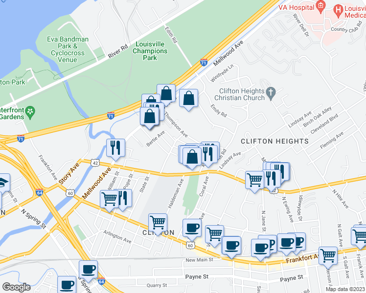 map of restaurants, bars, coffee shops, grocery stores, and more near 229 Delmont Avenue in Louisville