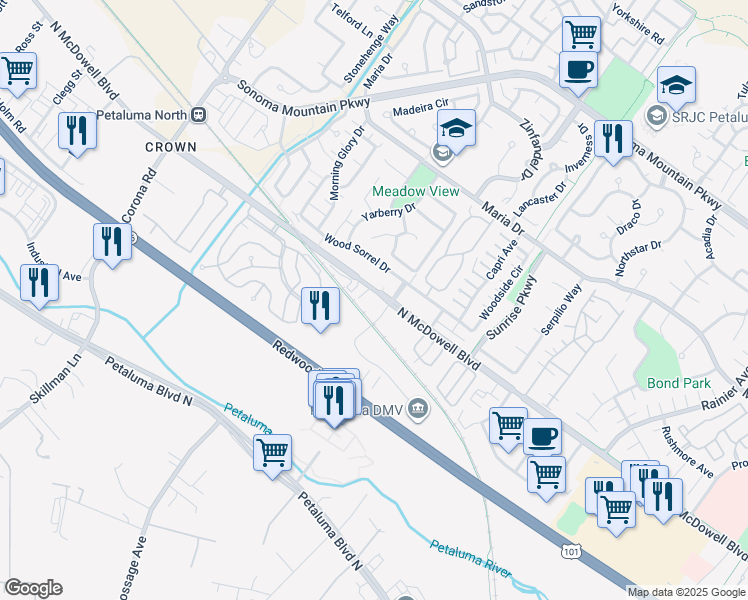 map of restaurants, bars, coffee shops, grocery stores, and more near 1301 Southpoint Boulevard in Petaluma