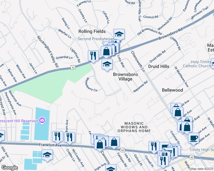 map of restaurants, bars, coffee shops, grocery stores, and more near 312 Pepperbush Road in Louisville