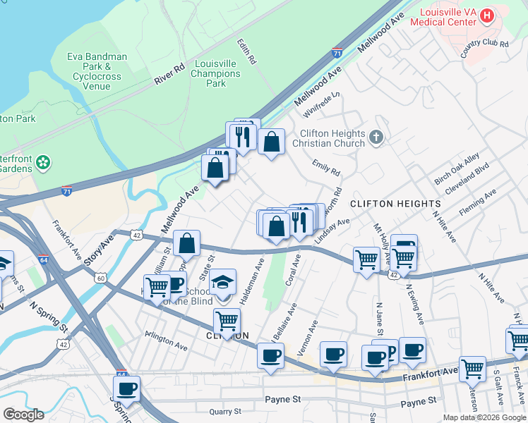 map of restaurants, bars, coffee shops, grocery stores, and more near 222 Thompson Avenue in Louisville