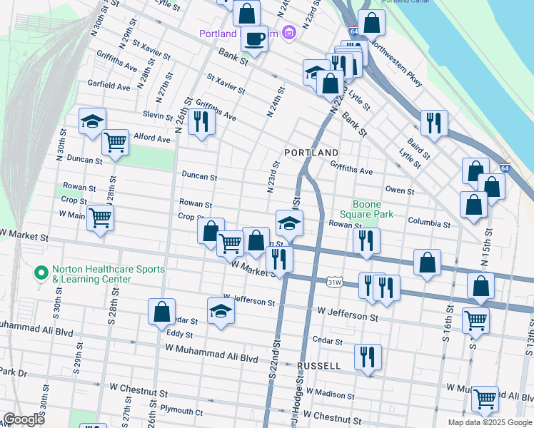 map of restaurants, bars, coffee shops, grocery stores, and more near Rowan Street in Louisville