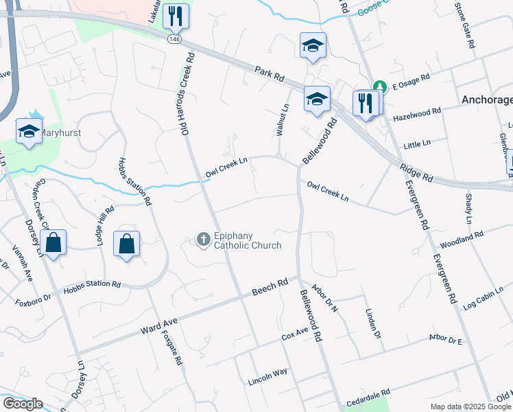 map of restaurants, bars, coffee shops, grocery stores, and more near 11109 Cherry Lane in Louisville