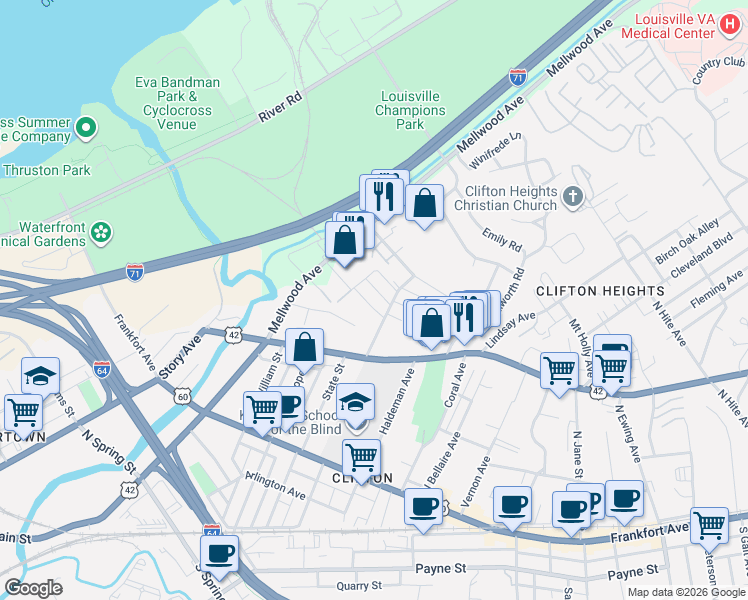 map of restaurants, bars, coffee shops, grocery stores, and more near 1855 Drescher Bridge Avenue in Louisville