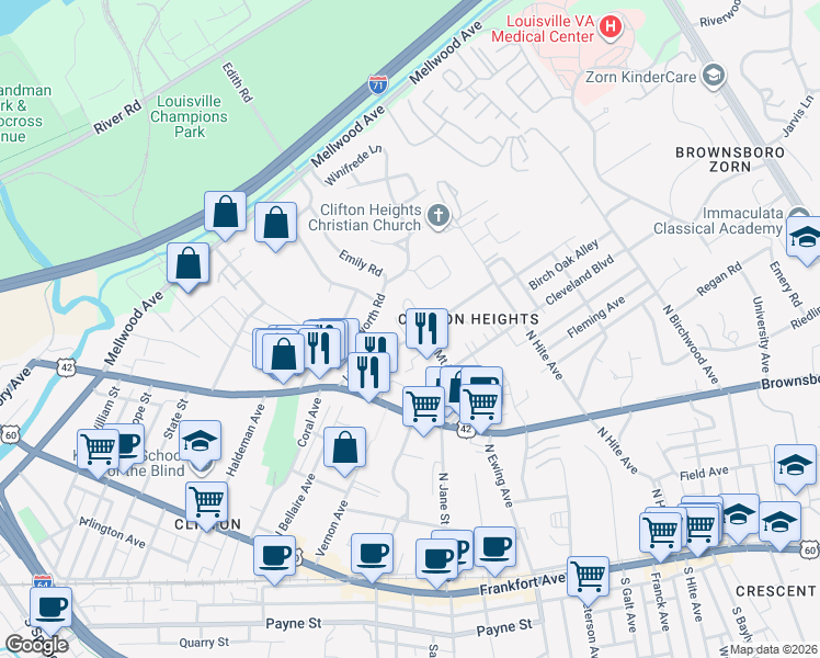 map of restaurants, bars, coffee shops, grocery stores, and more near 2601 Lindsay Avenue in Louisville
