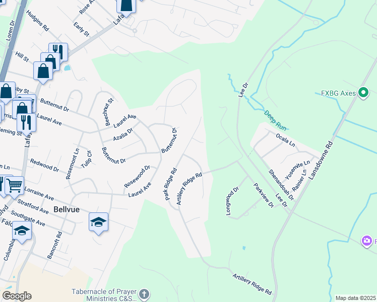 map of restaurants, bars, coffee shops, grocery stores, and more near 11101 Park Ridge Road in Fredericksburg