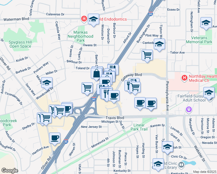 map of restaurants, bars, coffee shops, grocery stores, and more near 1580 Gateway Blvd in Fairfield