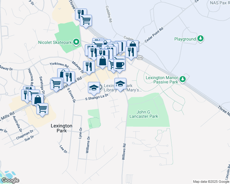 map of restaurants, bars, coffee shops, grocery stores, and more near 46843 South Shangri-La Drive in Lexington Park