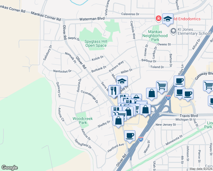 map of restaurants, bars, coffee shops, grocery stores, and more near 3184 Serra Way in Fairfield