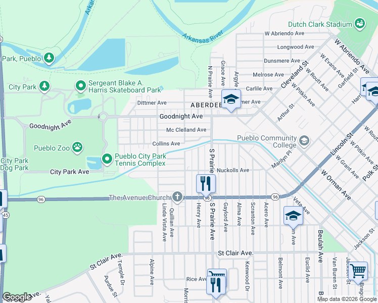 map of restaurants, bars, coffee shops, grocery stores, and more near 444 Collins Avenue in Pueblo