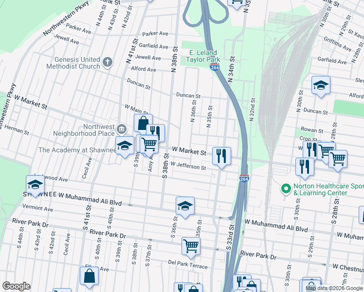 map of restaurants, bars, coffee shops, grocery stores, and more near 113 South 37th Street in Louisville
