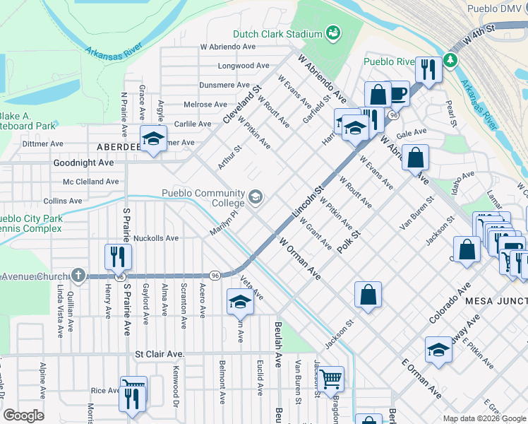 map of restaurants, bars, coffee shops, grocery stores, and more near 518 Harrison St in Pueblo