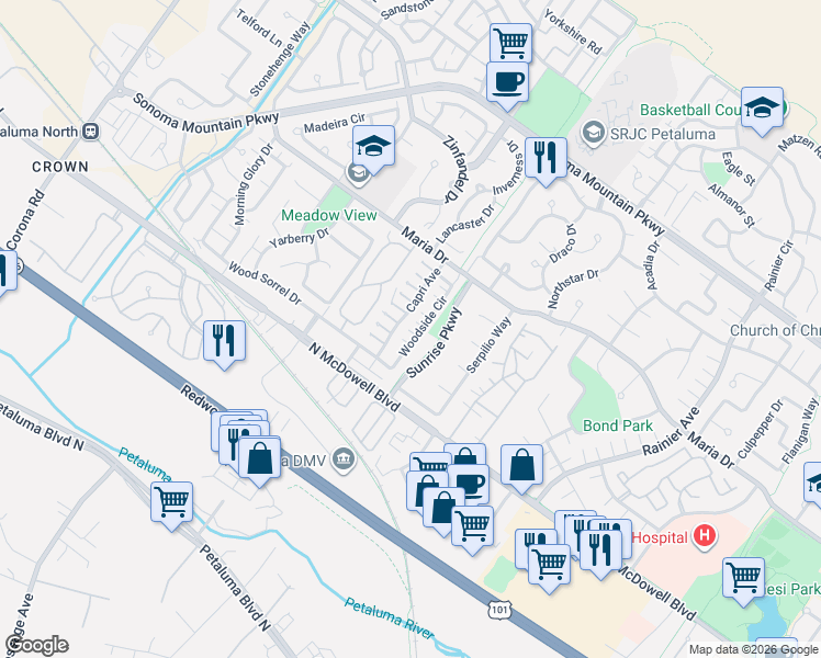 map of restaurants, bars, coffee shops, grocery stores, and more near 1437 Woodside Circle in Petaluma