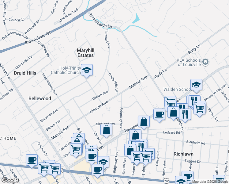 map of restaurants, bars, coffee shops, grocery stores, and more near in Windy Hills