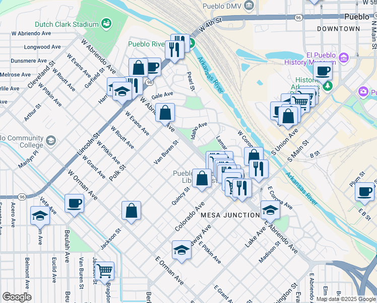 map of restaurants, bars, coffee shops, grocery stores, and more near 300 West Abriendo Avenue in Pueblo