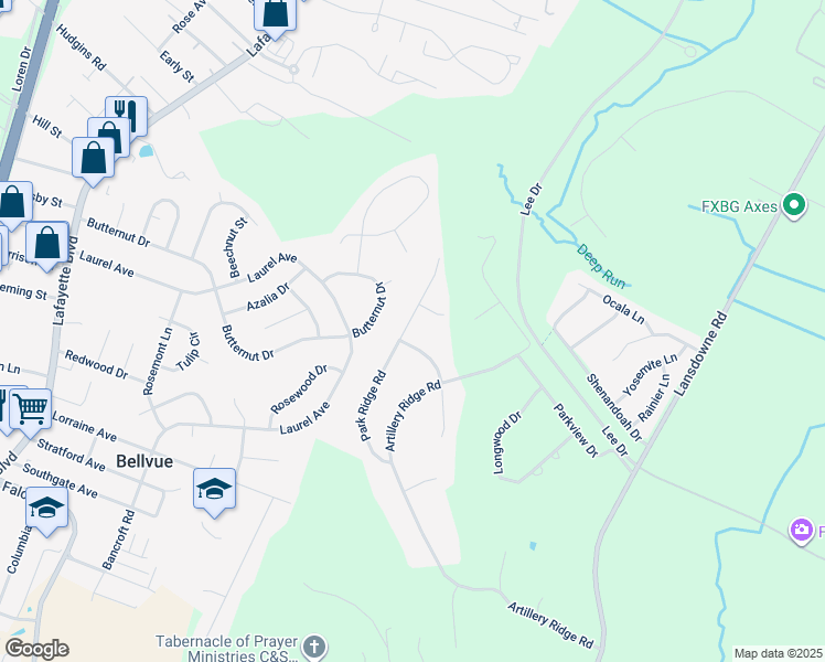 map of restaurants, bars, coffee shops, grocery stores, and more near 11101 Park Ridge Road in Fredericksburg