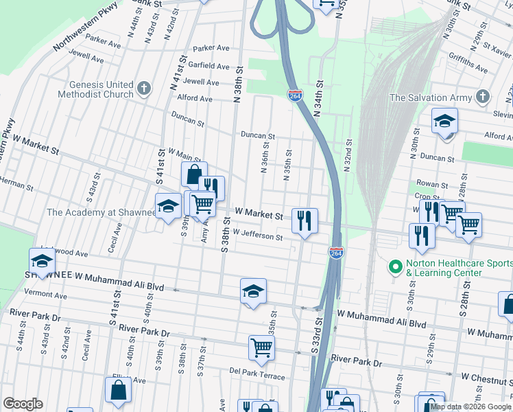 map of restaurants, bars, coffee shops, grocery stores, and more near 3603 West Market Street in Louisville